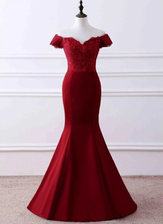 Wine Red Satin Mermaid Long Party Dress, Off Shoulder Formal Dress Evening Dress Prom Dress   cg17058