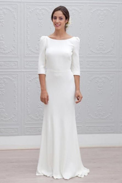 Simple Sheath Bateau Backless 3/4 Sleeves Sweep Train Beach Prom Dress   cg17063