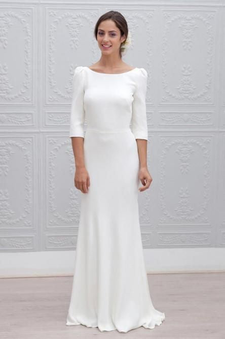Simple Sheath Bateau Backless 3/4 Sleeves Sweep Train Beach Prom Dress   cg17063