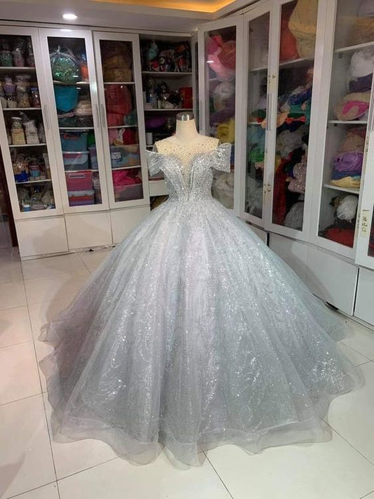 Off The Shoulder Silver Glitter Prom Dress    cg17064