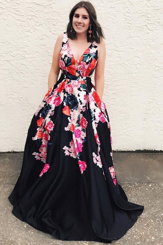 A Line Black V Neck Appliques Prom Dresses, Long Cheap Prom Gown    cg17065