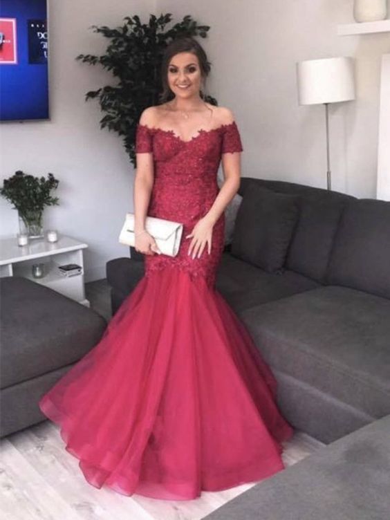 Burgundy Off Shoulder Mermaid Lace Tulle Long Prom Dresses, Burgundy Mermaid Formal Dresses   cg17078