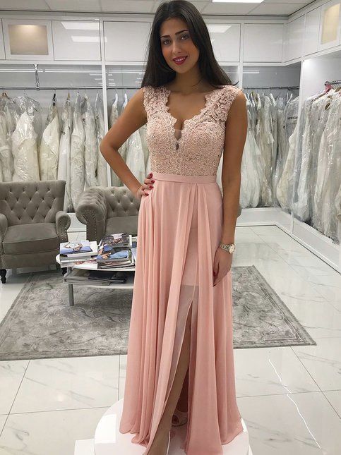 Pink Lace Chiffon Long Prom Dress    cg17079