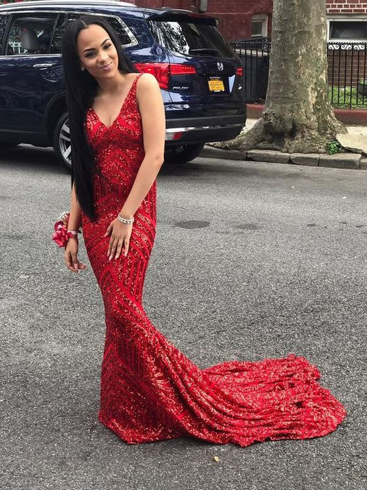 Long Mermaid Prom Dresses for Women Red Mermaid Sparkly Evening Ball gowns    cg17092