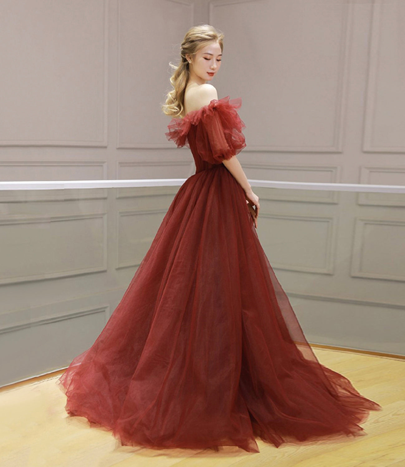 BURGUNDY TULLE LONG PROM DRESS A LINE EVENING DRESS    cg17105