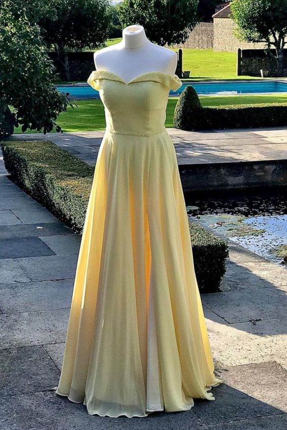 off the shoulder yellow chiffon long prom dress formal dress    cg17113