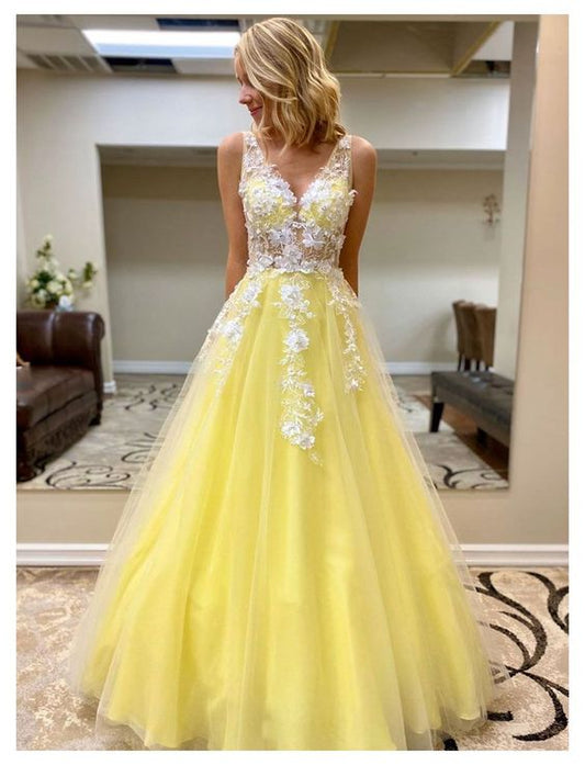 Yellow tulle lace long prom dress yellow formal dress   cg17116