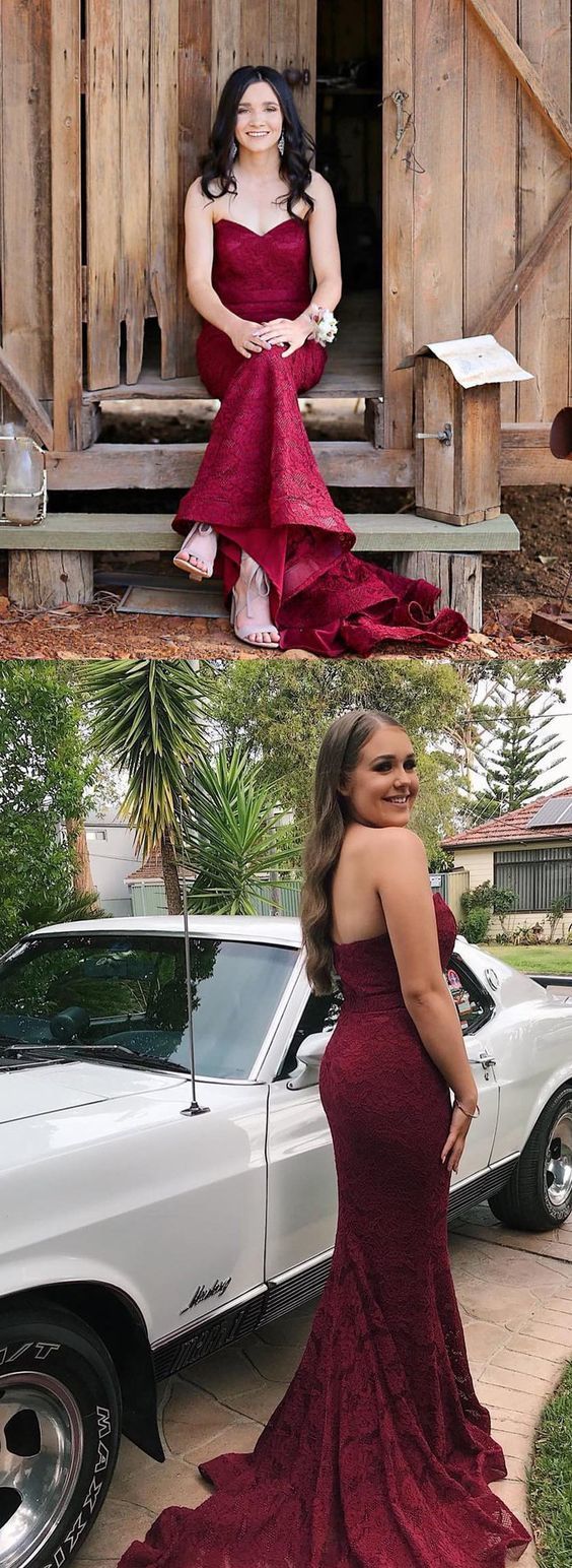 Strapless mermaid burgundy lace long prom dress    cg17133