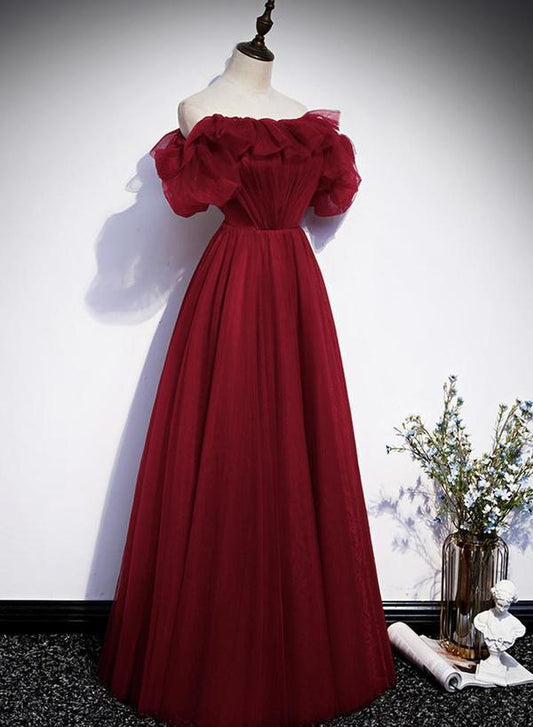 Burgundy tulle long prom dress evening dress   cg17154