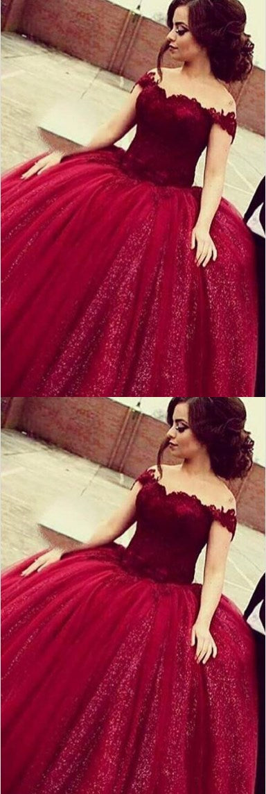Glamorous Off Shoulder Floor-Length Sequins Wine Prom Dress with Lace Top    cg17168