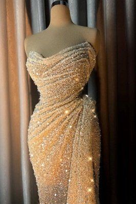 Sparkly Strapless V-neck Crystal Sequins Draped Mermaid Prom Dresses    cg17181