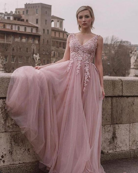 TULLE SPLIT DRESSES APPLIQUES V NECK Prom Dresses    cg17185