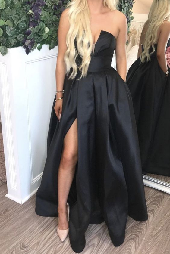 Sexy Long Satin Strapless Evening Gown Side Split Prom Dresses Black   cg17186