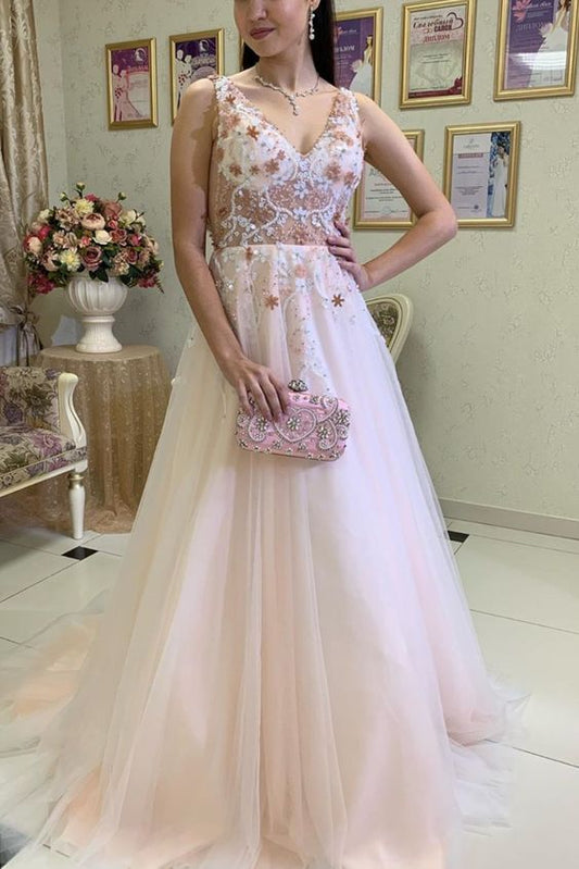 A-line pink beaded v neck tulle long evening dress Prom Dress    cg17192