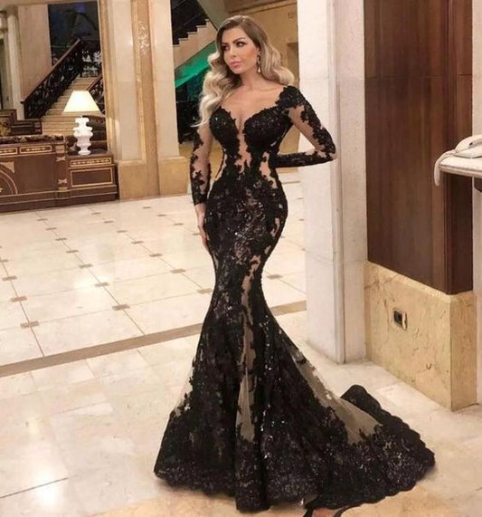 Sexy Lace V-Neck Black Long Sleeve Party Evening prom Dress    cg17197