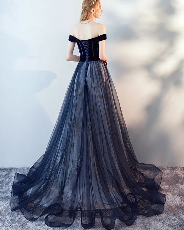 Navy Blue Off Shoulder Tulle With Velvet Long Party Dress, Blue Prom Dress, Evening Dress   cg17201