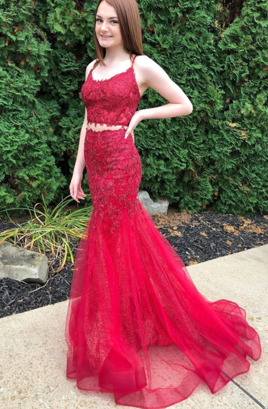 Two Pieces Mermaid Burgundy Lace Long Prom Dress, 2 Pieces Burgundy Formal Dress   cg17212