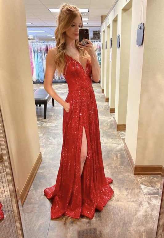 Red v neck sequins long prom dress evening dress    cg17214