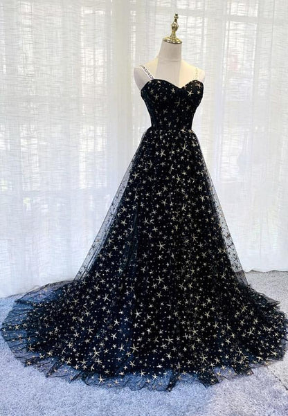 Black tulle long prom dress black evening dress    cg17217