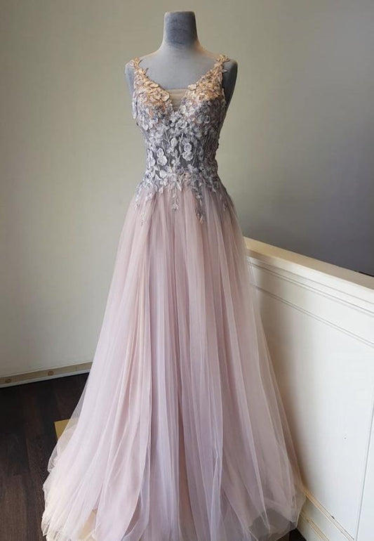 Pink v neck lace long prom dress evening dress,   cg17218
