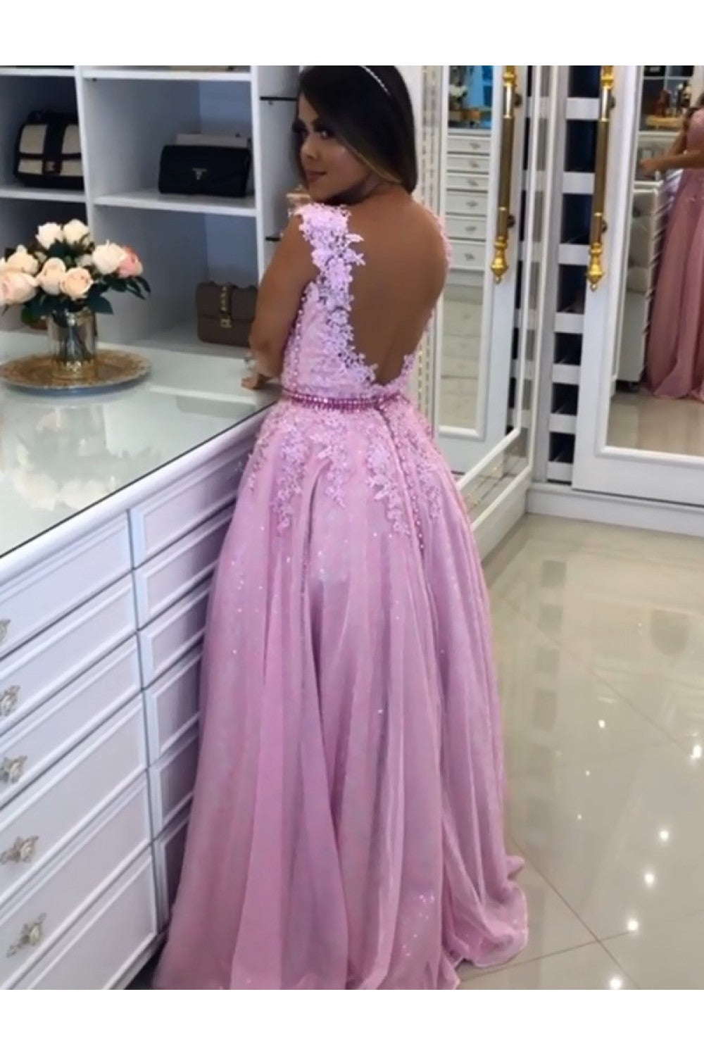 A-Line Beaded Lace Long Tulle Prom Dresses Formal Evening Gowns    cg17228