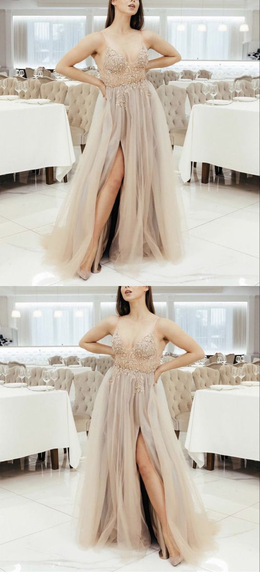 beaded v neck long champagne prom dresses tulle split for military ball   cg17234