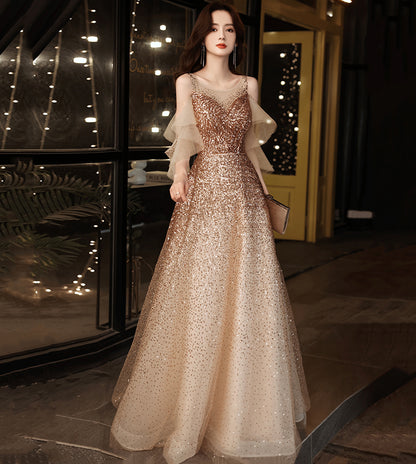 GOLD SEQUINS LONG PROM DRESS EVENING DRESS    cg17240