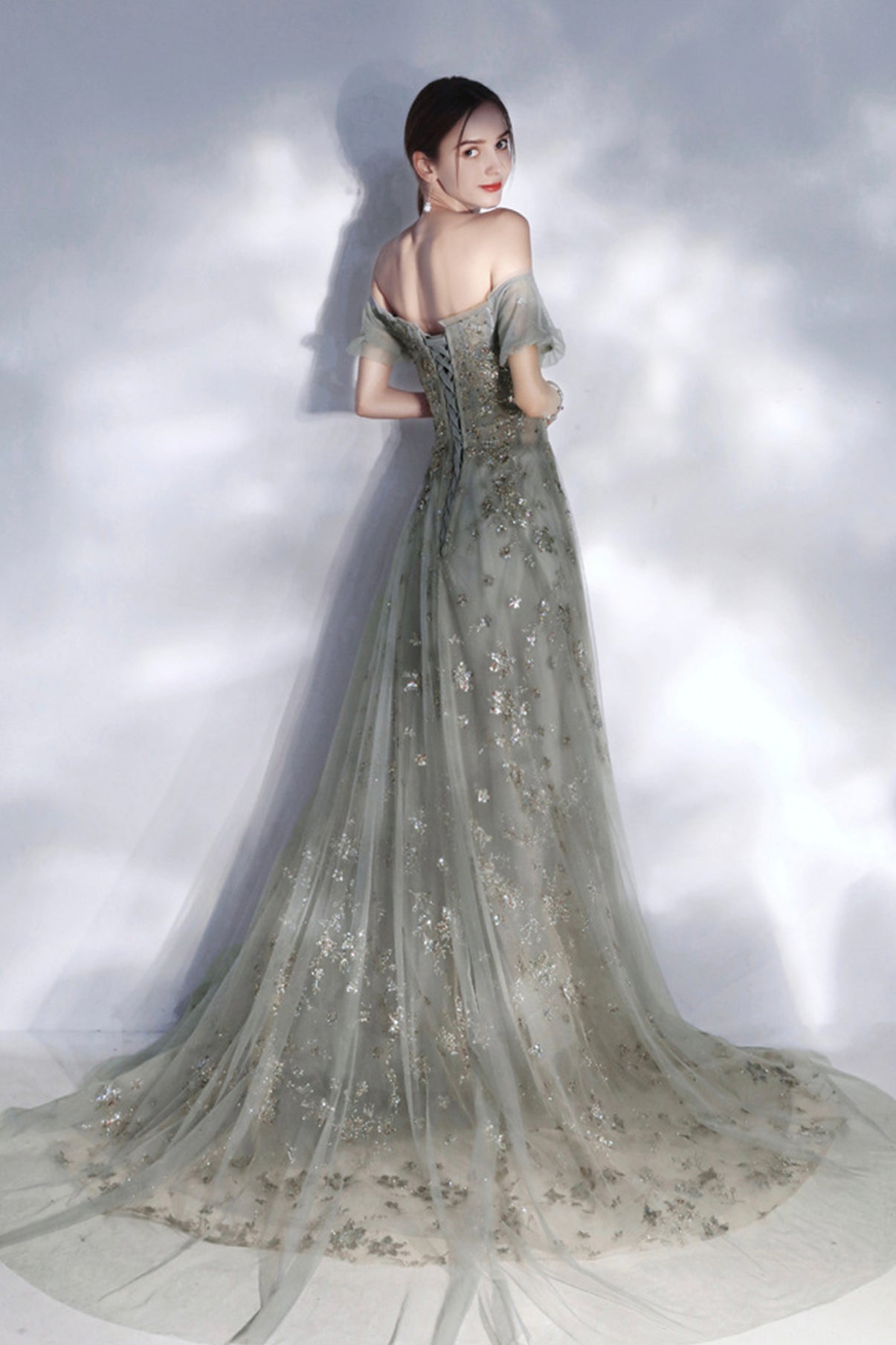 GREY SEQUINS LONG A LINE PROM DRESS EVENING DRESS    cg17241