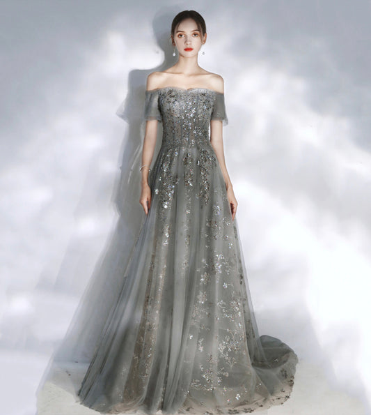 GREY SEQUINS LONG A LINE PROM DRESS EVENING DRESS    cg17241