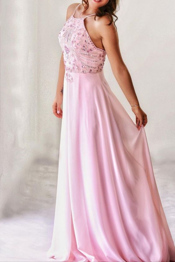 beaded top pink chiffon long formal prom dress with key hole     cg17247