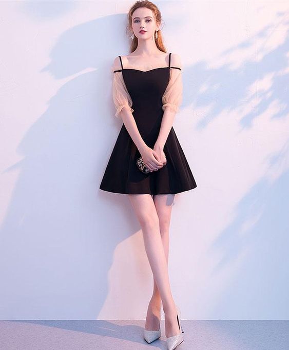 Simple black short dress, black homecoming dress cg1725