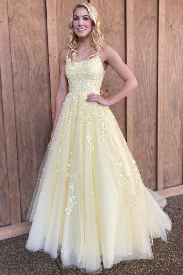 Yellow lace long prom dress A line evening dress   cg17255