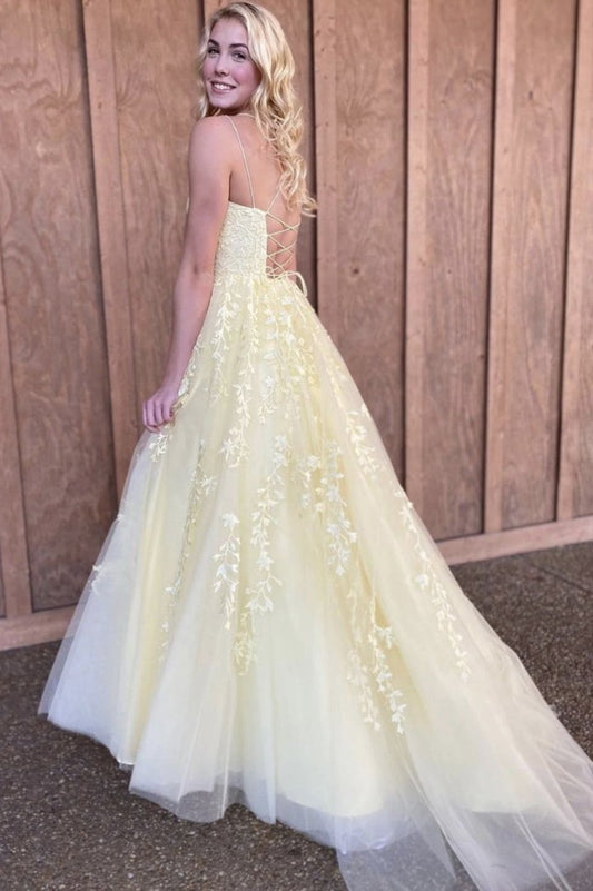 Yellow lace long prom dress A line evening dress   cg17255