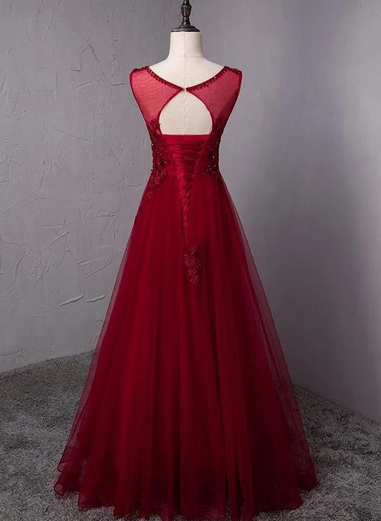 Wine Red Round Neckline Beaded Long Party Dress, Burgundy Tulle Prom Dress 2021    cg17275