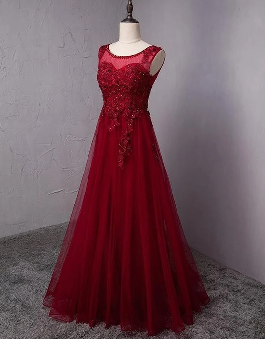 Wine Red Round Neckline Beaded Long Party Dress, Burgundy Tulle Prom Dress 2021    cg17275