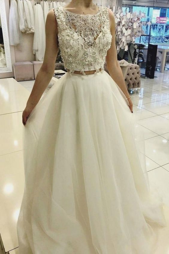 White two pieces lace tulle long prom dress, white evening dress     cg17283