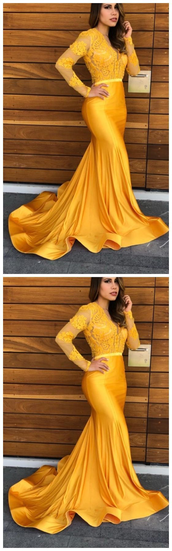 Yellow Lace Mermaid Vintage Sheer Lace V-neck Prom Dress    cg17288