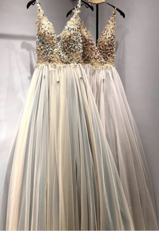 A line v neck tulle lace prom dress formal dress    cg17299