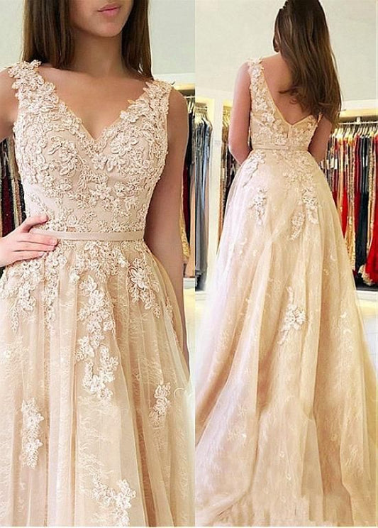 A-Line V-Neck Lace Long Prom Dresses Formal Evening Dresses    cg17306