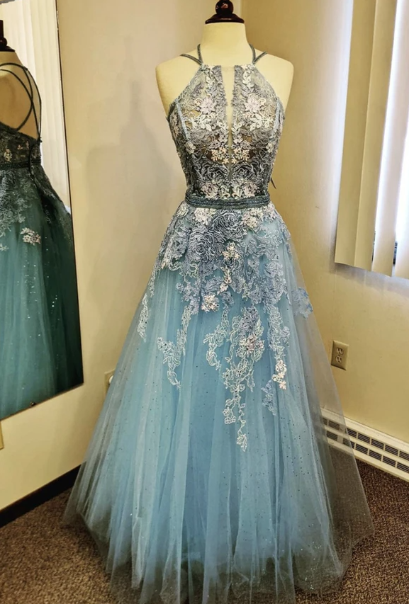 Blue lace long prom dress blue evening dress    cg17328