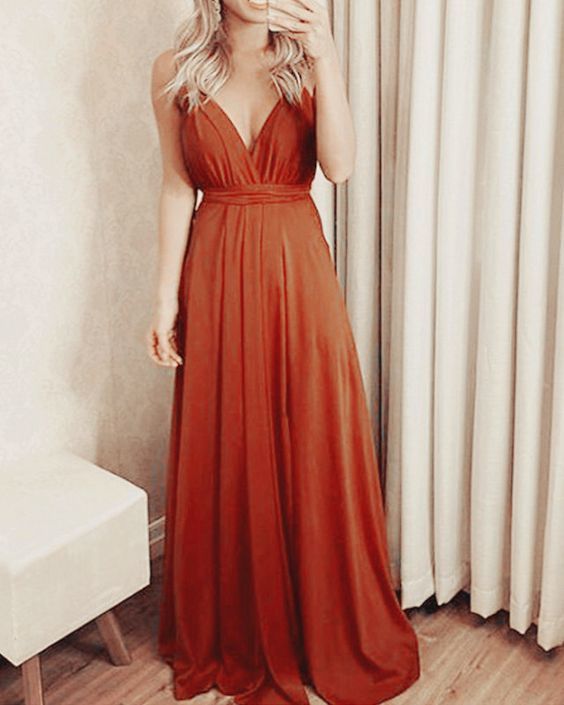 Burnt orange chiffon formal gown floor length with plunge neck prom dress    cg17337