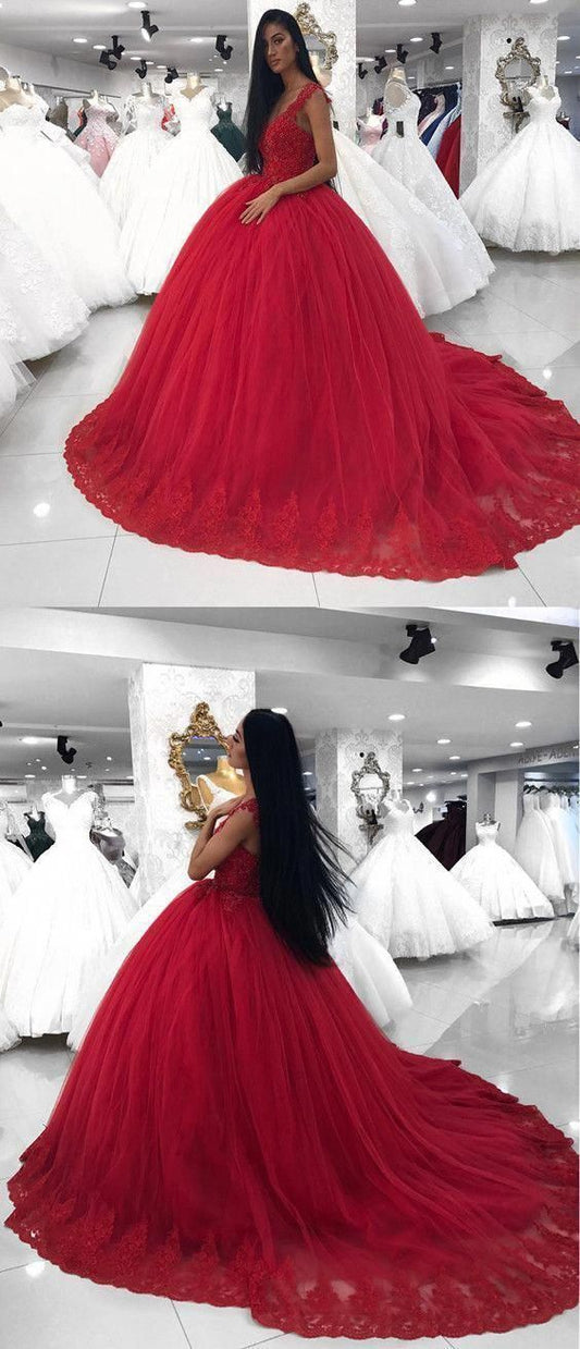 Lace V-neck Red Tulle Ball Gown,Chic Prom Dress   cg17339
