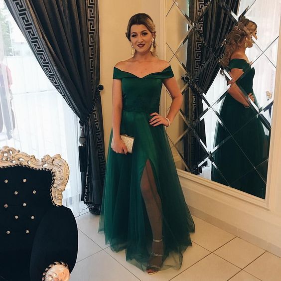 Off The Shoulder Dark Green Prom Dress    cg17344