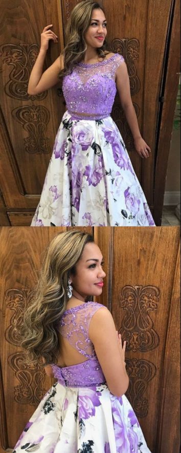 Two Piece Round Neck Open Back Long Floral Prom Dress     cg17347