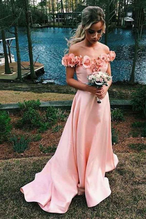 3D flowers Off Shoulders Blush Pink Prom Dress, 8th Grade Formal Dress    cg17369