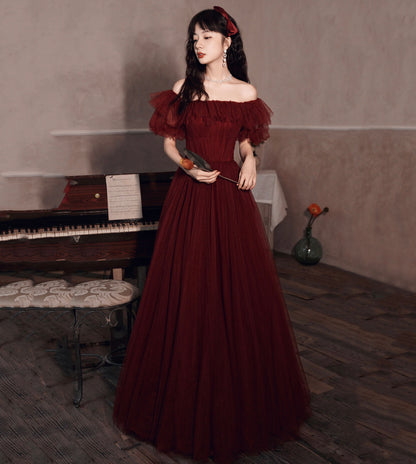 BURGUNDY TULLE LONG A LINE PROM DRESS EVENING DRESS    cg17389