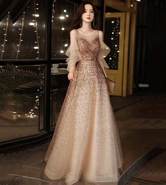 GOLD SEQUINS LONG PROM DRESS A LINE EVENING DRESS     cg17393