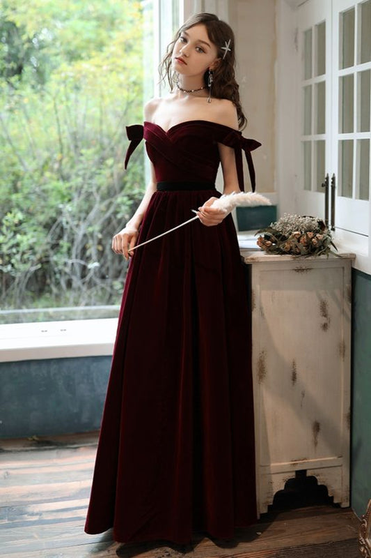 long prom dress priness off the shoulder burgundy velvet dress formal dress    cg17395