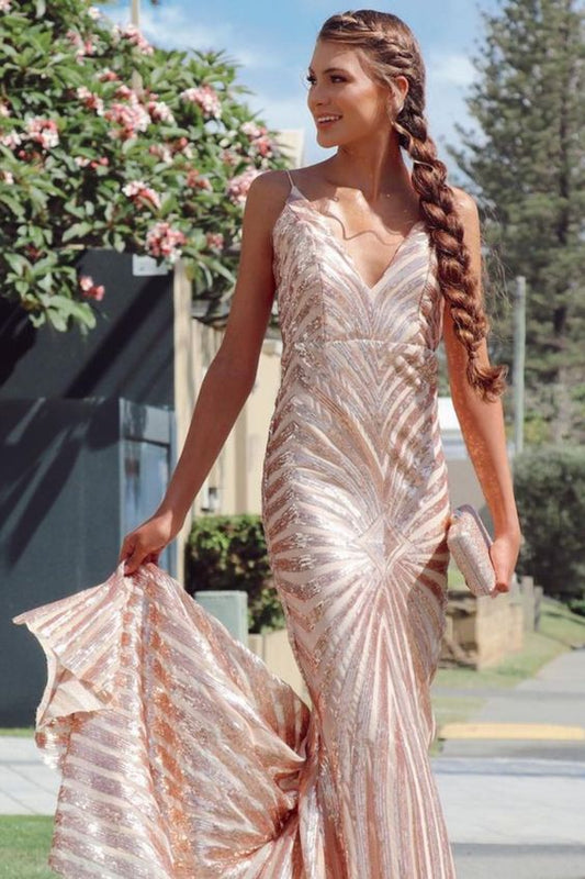 mermaid rose gold sequined long formal prom dress evening dress with train   cg17398