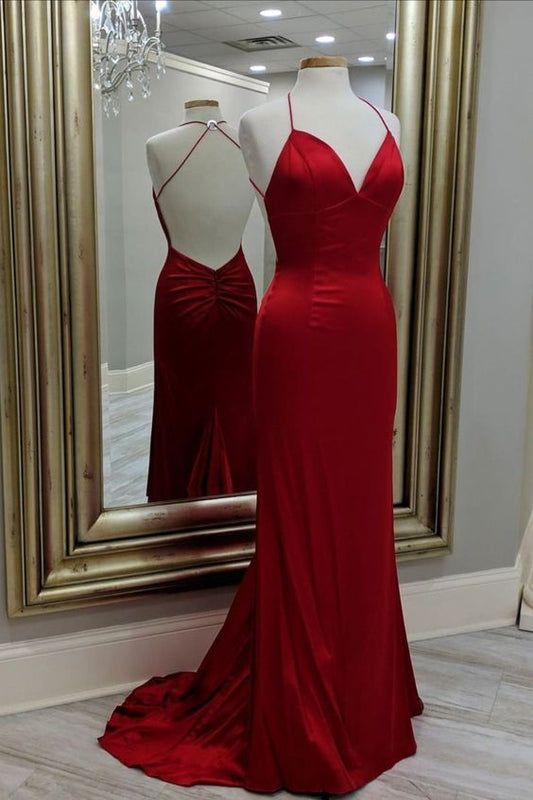 mermaid red long evening dress formal dress with open back prom dress    cg17399